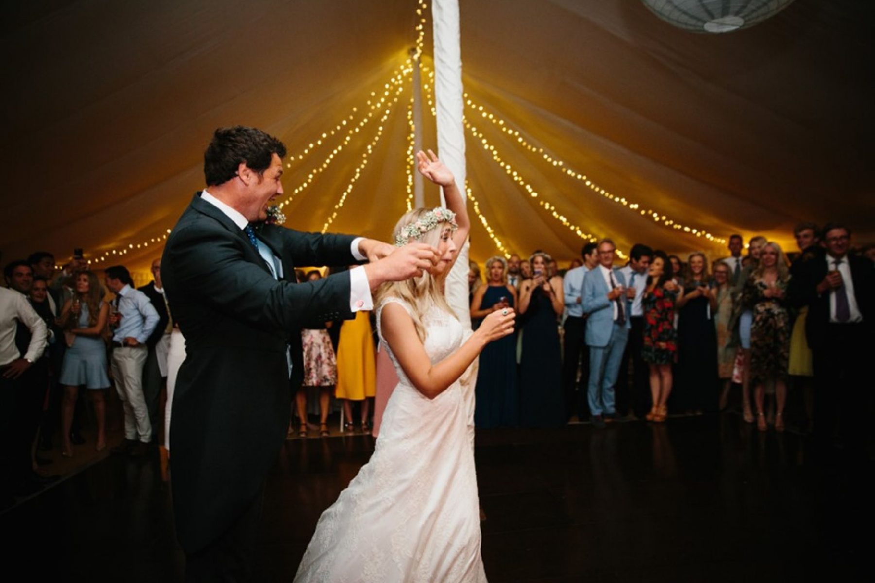 Laura and Andy's Wigwam Marquee Round Ended Sailcloth Tent Steyning Guests on Round tables