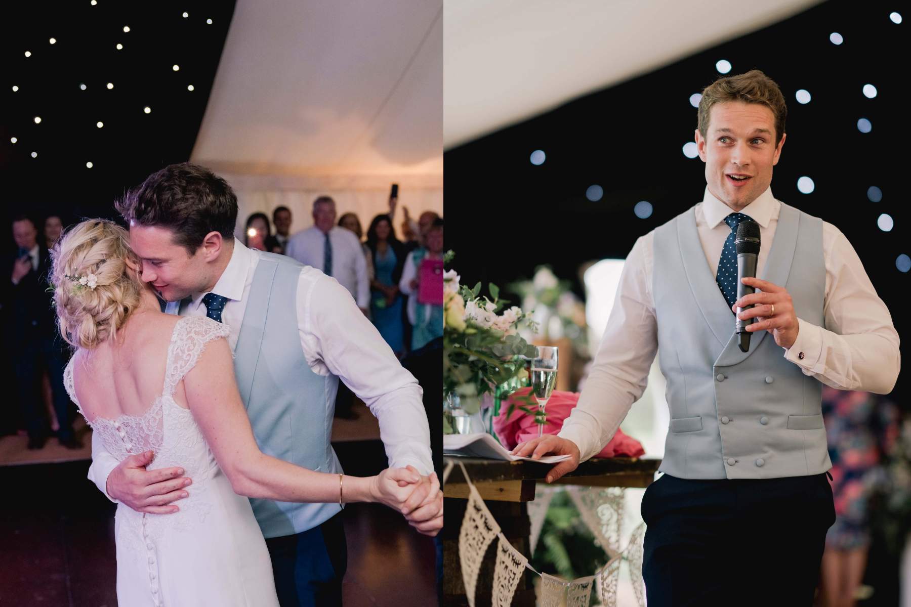 sailcloth wedding marquee Surrey king poles lined lanterns in roof round dining table hire and chairs wigwam marquees wedding